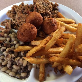 City Cafe - Special meatloaf with fries, black eyed peas, and hush puppies. - American Near Me - Holly Ridge, North Carolina