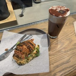 Tiramisu latte and prosciutto and cheese croissant