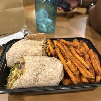 NYC Vegan - Crab cake wrap with coconut beans and sweet potato fries - Vegan Near Me - glenn Allen, Virginia