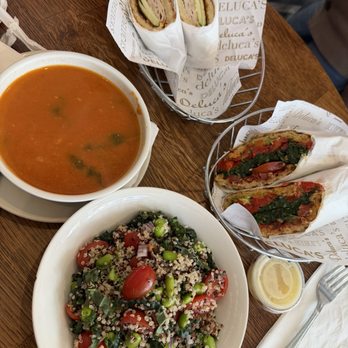 Deluca's Italian Deli - Basil tomato soup, veggie sandwich no cheese sub dried tomato spread, Brie Bird Hot sandwich and Quinoa salad! So fresh and tasty! - Italian Near Me - Glendale, California Deluca's Italian Deli - Basil tomato soup, veggie sandwich no cheese sub dried tomato spread, Brie Bird Hot sandwich and Quinoa salad! So fresh and tasty! - Italian Near Me - Glendale, California