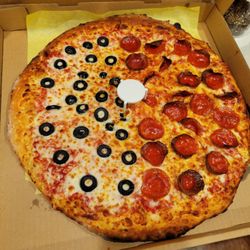 Magic Mike's Pizza Express - Build your own pizza (large); half olives, half pepperoni & mushroom (missing the mushrooms)