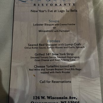 Lago Su Bella - NYE special menu - Italian Near Me - Oconomowoc, Wisconsin
