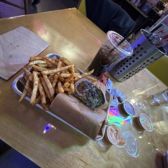 Spitz - Plano - Vegan Wrap with a side of fries!! Topped with a Root Beer!! Must try!! - Mediterranean Near Me - Plano, Texas