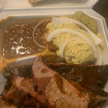 Early BBQ - So good!!!   Brisket  Ribs  Potato Salad  Ranch Style BBQ Beans - Barbeque Near Me - Willis, Texas