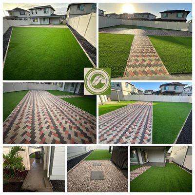 Backyard Landscape/Hardscape - Synthetic Turf, Buff Brick Pavers, Brick Edging and Gravel, Coral Rocks with Stepping Stones, and Concrete Side-Walk. Backyard Landscape/Hardscape - Synthetic Turf, Buff Brick Pavers, Brick Edging and Gravel, Coral Rocks with Stepping Stones, and Concrete Side-Walk.