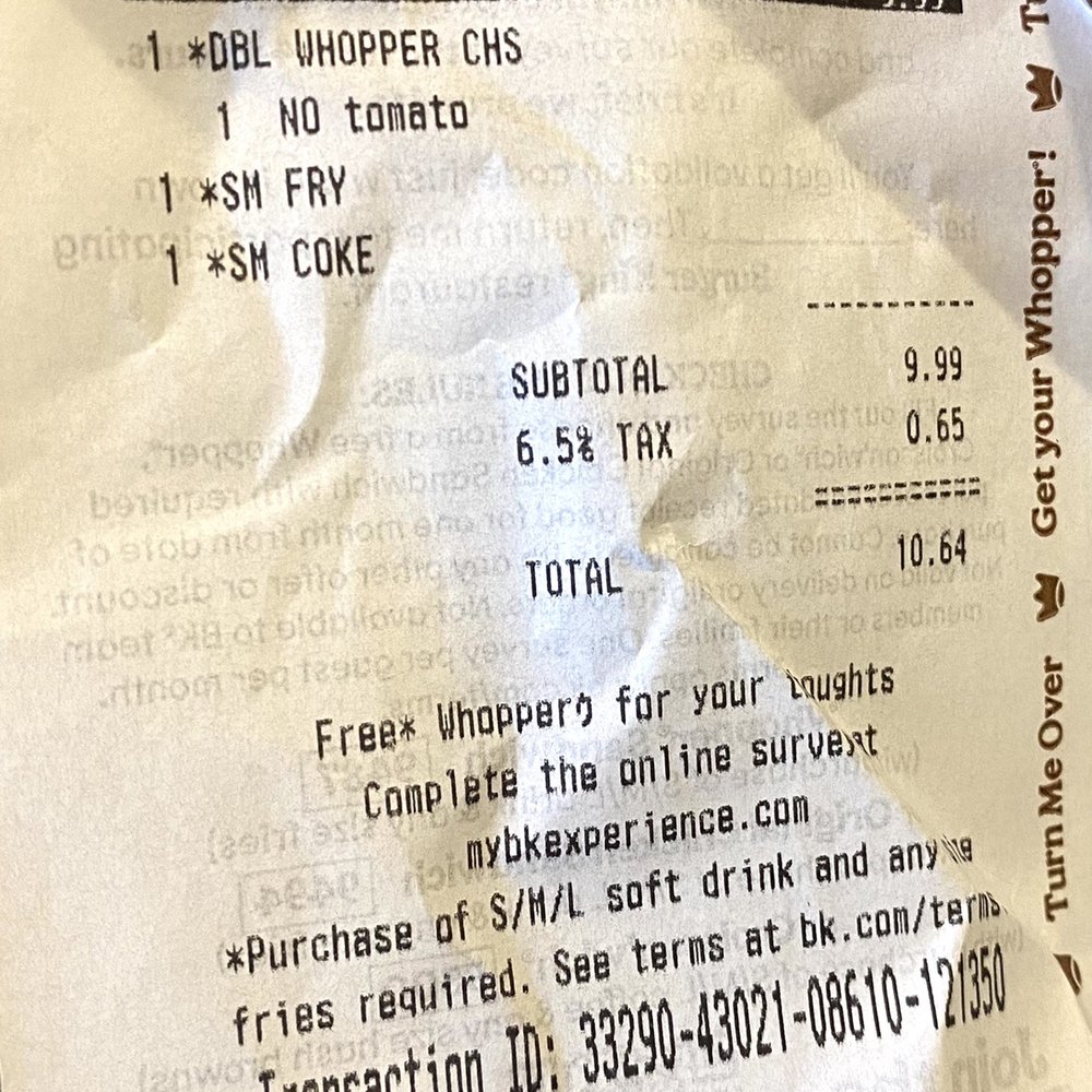 Burger King - the receipt for the order - Burgers Near Me - Edgewater, Florida
