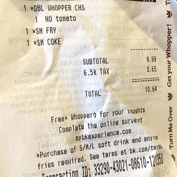 Burger King - the receipt for the order - Burgers Near Me - Edgewater, Florida