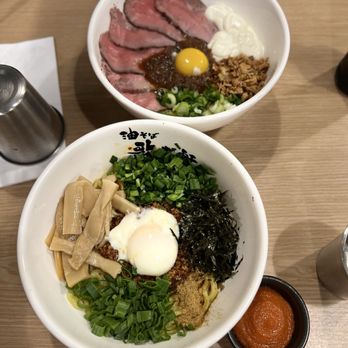 Kajiken - Homura aburasoba with additional mentaiko topping.  Roast beef aburasoba - Ramen Near Me - Seattle, Washington
