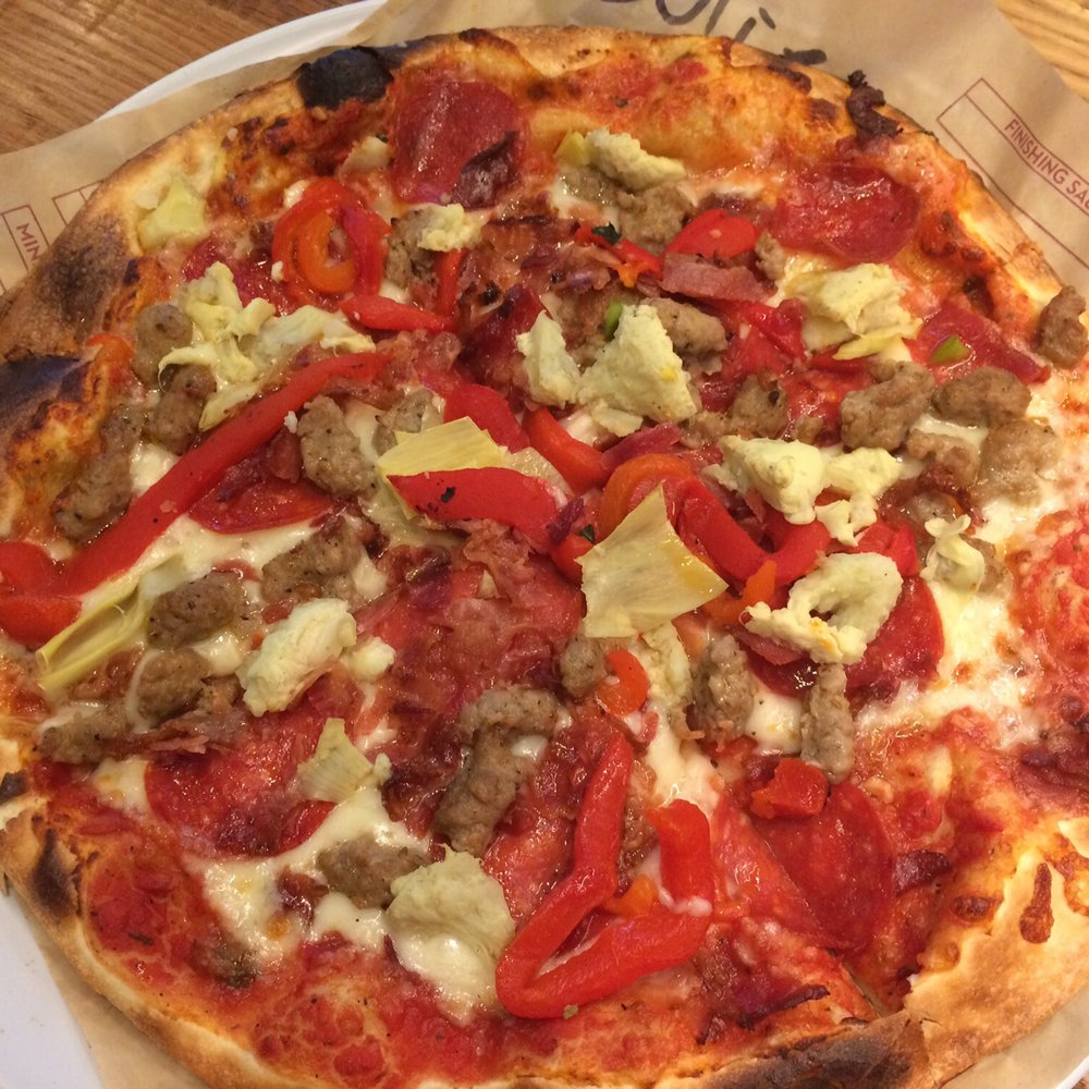 MOD Pizza - Mod with red sauce, artichokes, red peppers, bacon, sausage & garlic rub - Fast Food Near Me - Walnut Creek, California MOD Pizza - Mod with red sauce, artichokes, red peppers, bacon, sausage & garlic rub - Fast Food Near Me - Walnut Creek, California