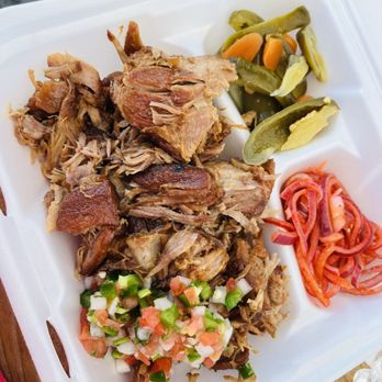 Tortilleria Mi Ranchito - pulled pork and vegetables in a styrofoam container - Food Trucks Near Me - Modesto, California Tortilleria Mi Ranchito - pulled pork and vegetables in a styrofoam container - Food Trucks Near Me - Modesto, California