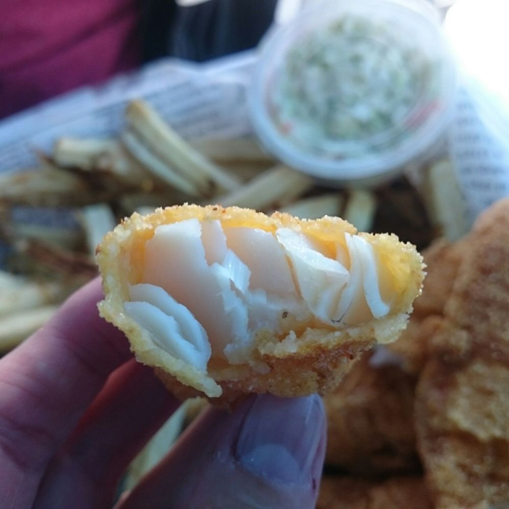 Linda's Fish and Chips - a hand holding a fried fish and chips - Fish & Chips Near Me - South Bend, Washington Linda's Fish and Chips - a hand holding a fried fish and chips - Fish & Chips Near Me - South Bend, Washington