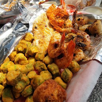 Safe Harbor Seafood - Captain Weller's combo - grilled scallops, shrimp, and trigger fish. Friek Okra and hush puppy. - Seafood Near Me - Jacksonville, Florida Safe Harbor Seafood - Captain Weller's combo - grilled scallops, shrimp, and trigger fish. Friek Okra and hush puppy. - Seafood Near Me - Jacksonville, Florida