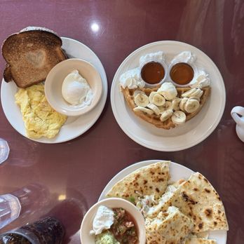 Venita Rhea's - Half waffle with bananas, chicken quesadilla with no eggs, side of wheat toast and scrambled + poached eggs. YUM - Breakfast & Brunch Near Me - Rocklin, California Venita Rhea's - Half waffle with bananas, chicken quesadilla with no eggs, side of wheat toast and scrambled + poached eggs. YUM - Breakfast & Brunch Near Me - Rocklin, California