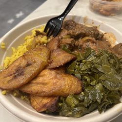 Carmen's Kitchen - Beef Combo with yellow rice, greens, and Fried Plantains.