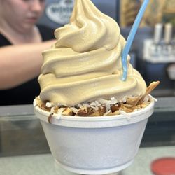 Honey Treat Yogurt Shoppe - Cookie Butter with almonds, waffle cone, peanuts & coconut!