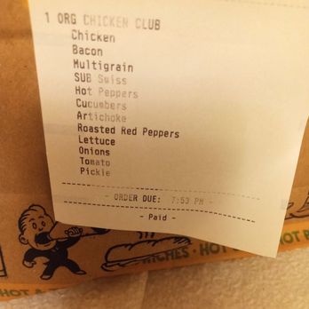 Potbelly Sandwich Shop - Receipt in the bag of my exact order...no option though for untoasted:-( - Salad Near Me - Layton, Utah