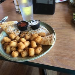 Steak Quesadilla with optional tatie tots.  My friend Phyllis said, "Best Value in Bemus."
