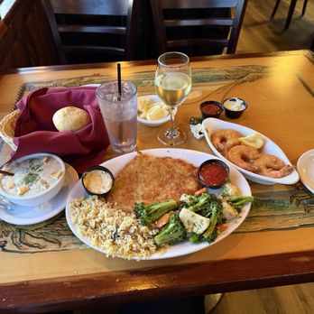 Great American Fish Company - Panko fried calamari steak with 3 jumbo prawns. Steamed veggies and a nice rice. Clam chowder and warm rolls - Seafood Near Me - Morro Bay, California Great American Fish Company - Panko fried calamari steak with 3 jumbo prawns. Steamed veggies and a nice rice. Clam chowder and warm rolls - Seafood Near Me - Morro Bay, California
