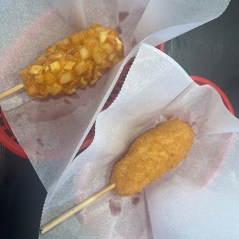 Hot Juicy 88 - Left- #4 Potato Crusted Right-#1 88 Hot Dog Two yummy Korean hot dogs - Korean Near Me - Aurora, Colorado Hot Juicy 88 - Left- #4 Potato Crusted Right-#1 88 Hot Dog Two yummy Korean hot dogs - Korean Near Me - Aurora, Colorado