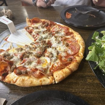 Pizza Factory - Medium pepperoni and sausage with extra cheese & one Ceasar salad- absolutely delicious. - Pizza Near Me - Payson, Arizona