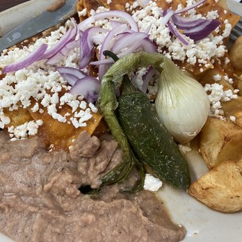 Los Chilaquiles - Chilaquiles rojas con papas y frijoles - Mexican Near Me - Seguin, Texas