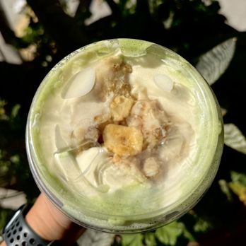 Always Yours Bakery Cafe - Banana Pudding Matcha Latte (top view)! - Macarons Near Me - Castro Valley, California Always Yours Bakery Cafe - Banana Pudding Matcha Latte (top view)! - Macarons Near Me - Castro Valley, California