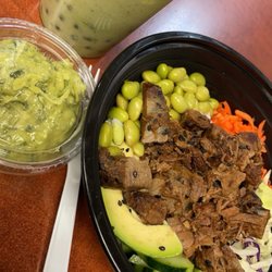 Sage & Salt Fusions - Rice bowl with lamb and a boba tea