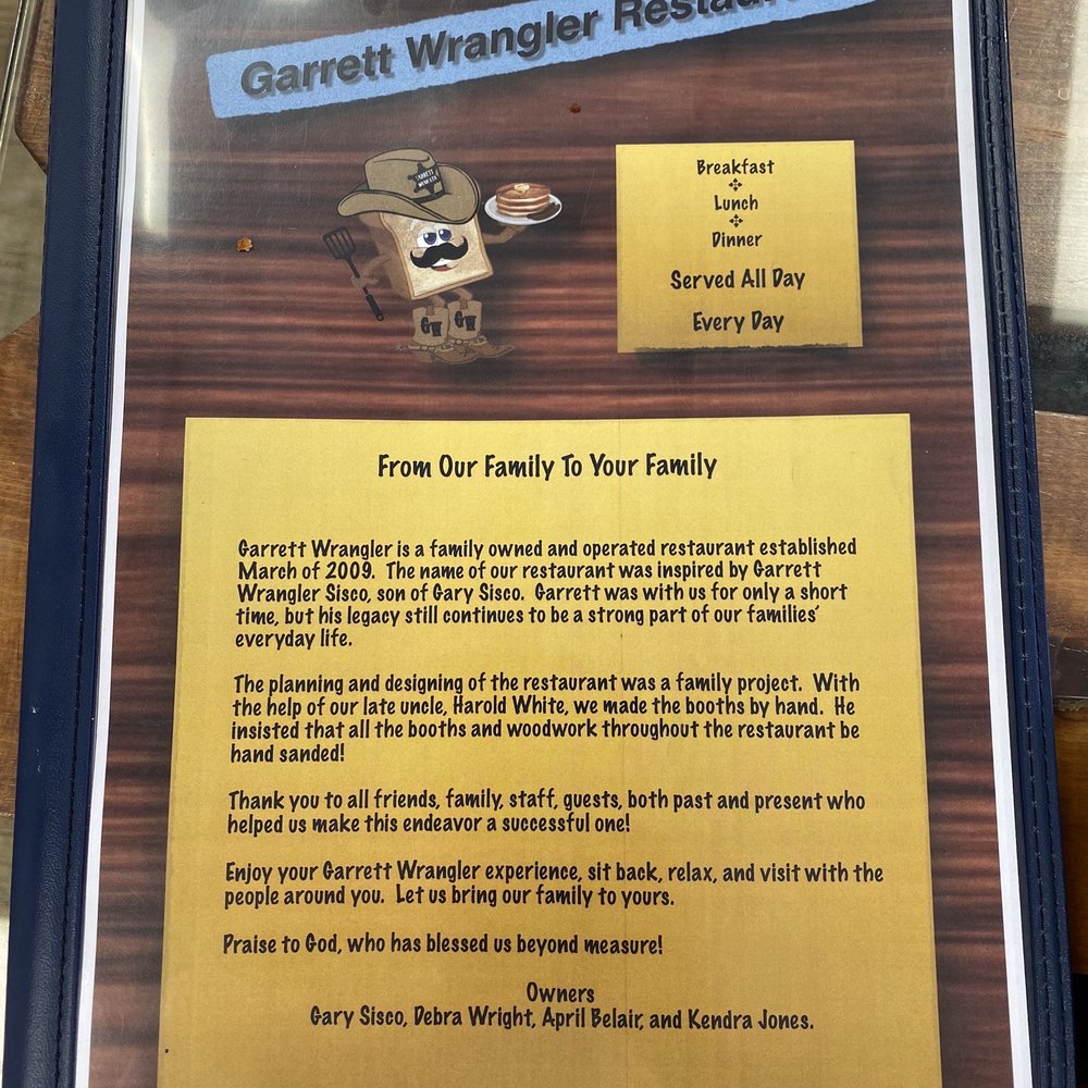 Garrett Wrangler Restaurant - a menu for the restaurant - American Near Me - Ponca City, Oklahoma Garrett Wrangler Restaurant - a menu for the restaurant - American Near Me - Ponca City, Oklahoma