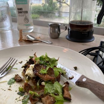 Sunday - Mushroom toast, French press, and safety sanitizer at the table ;-) - Breakfast & Brunch Near Me - St Augustine, Florida Sunday - Mushroom toast, French press, and safety sanitizer at the table ;-) - Breakfast & Brunch Near Me - St Augustine, Florida