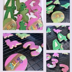 Sweet Kreations - Number and name COOKIES !! Theme- pink green dinosaur For boy and girl double birthday