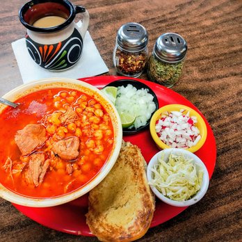 Cuauhtemoc Cafe - Pozole with a French bread and coffee - Mexican Near Me - El Paso, Texas