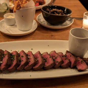 Boeufhaus - 14oz NY Strip, fries and mushrooms - Brasseries Near Me - Chicago, Illinois