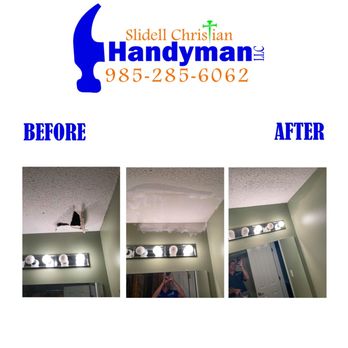Slidell Christian Handyman - Expert sheetrock repair and ceiling texture matching after an accidental step-through in a bathroom. - Handyman Near Me Slidell Christian Handyman - Expert sheetrock repair and ceiling texture matching after an accidental step-through in a bathroom. - Handyman Near Me