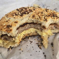 Shawn's Cafe and Bakery - Sausage egg cheese on everything bagel, warm, flavorful!