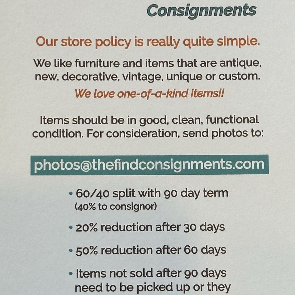 The Find Consignments - policy - Antiques Near Me - Costa Mesa, California The Find Consignments - policy - Antiques Near Me - Costa Mesa, California