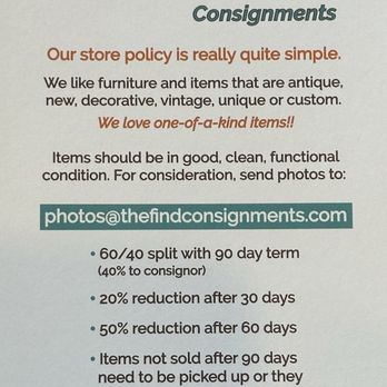 The Find Consignments - policy - Antiques Near Me - Costa Mesa, California