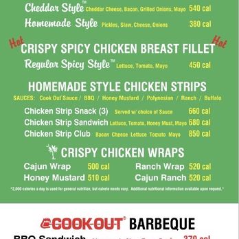 Cook Out - the menu for the home made hamburgers - Fast Food Near Me - Aberdeen, North Carolina