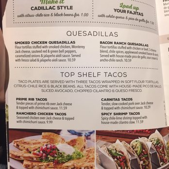 Chili's - Menu showing the spicy shrimp tacos ($11.59) and smoked chicken quesadillas ($10.59) we got. - Bars Near Me - Eatontown, New Jersey Chili's - Menu showing the spicy shrimp tacos ($11.59) and smoked chicken quesadillas ($10.59) we got. - Bars Near Me - Eatontown, New Jersey