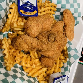 Melt & Grill - Chicken tender and waffle fries serve with plum sauce on side - Poutineries Near Me - Kingston, Ontario Melt & Grill - Chicken tender and waffle fries serve with plum sauce on side - Poutineries Near Me - Kingston, Ontario