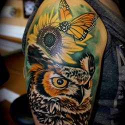 Star City Tattoos - Owl and Monarch butterfly tattoo by Roger LaDouceur @Star City Tattoos