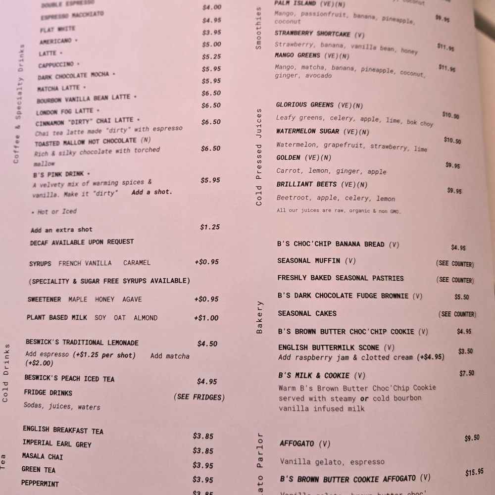 Coffee and drinks menu