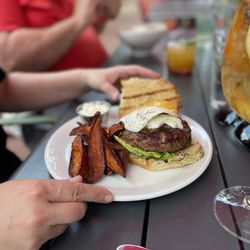Poppy - Lamb burger with sweet potato fries (I hate sweet potato but loved these!) Topped with egg sunny side up