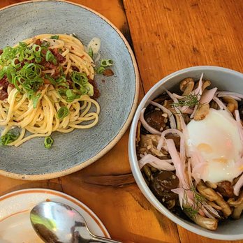 C as in Charlie - Oxbone cream pasta + mushroom binimbap - Korean Near Me - New York, New York