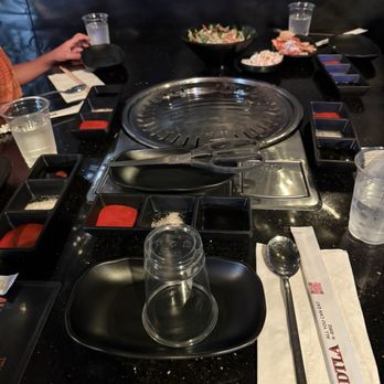 DTLA AYCE KBBQ - Table setting with salad, macaroni salad and chips with salsa - Korean Near Me - Los Angeles, California DTLA AYCE KBBQ - Table setting with salad, macaroni salad and chips with salsa - Korean Near Me - Los Angeles, California