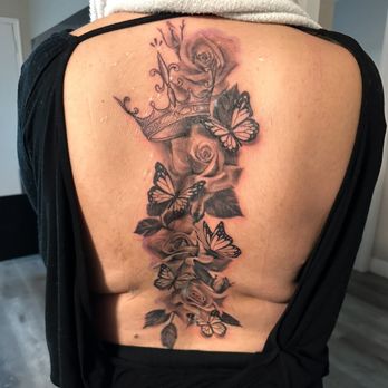Lions Den Tattoo Studio - Unfinished full back piece of roses, butterflies, and a crown. - Tattoo Near Me - San Diego, California Lions Den Tattoo Studio - Unfinished full back piece of roses, butterflies, and a crown. - Tattoo Near Me - San Diego, California