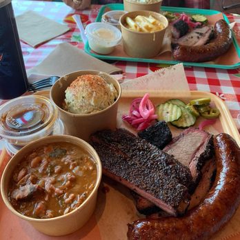 Botto's BBQ - 3 Meat tray, Brisket, Ribs, Sausages, potatoes salad, and beans for side - Barbeque Near Me - Portland, Oregon