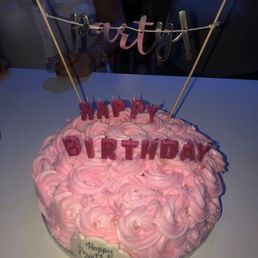 a pink frosted birthday cake