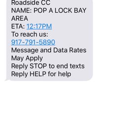 Text message telling me which roadside service was sent for the jump. Text message telling me which roadside service was sent for the jump.