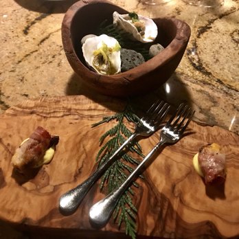 Altura - Smoked shigoku oyster with pancetta wrapped mussel! - Italian Near Me - Seattle, Washington Altura - Smoked shigoku oyster with pancetta wrapped mussel! - Italian Near Me - Seattle, Washington