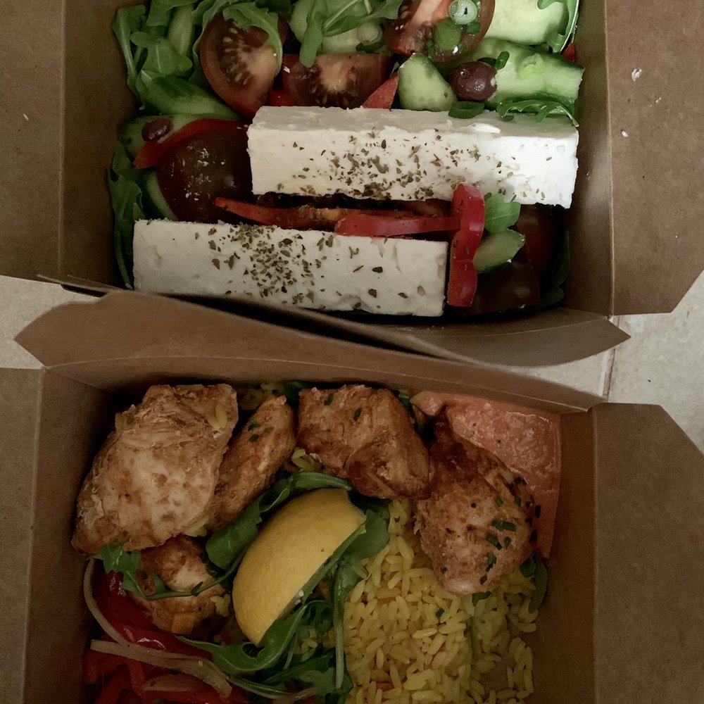 Horiatiki Salad and Chicken Souvlaki with rice Horiatiki Salad and Chicken Souvlaki with rice